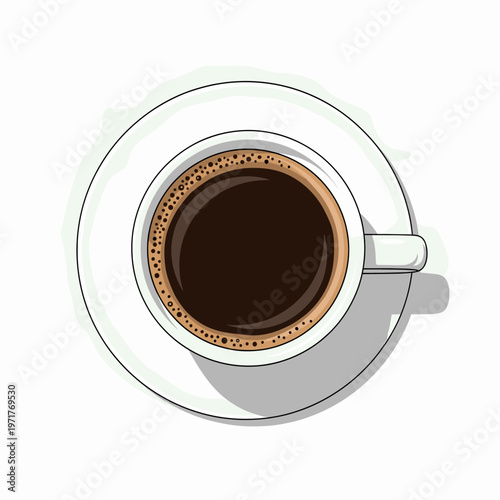 A top-down view of a steaming cup of black coffee with a frothy crema, resting on a white saucer with a subtle shadow.