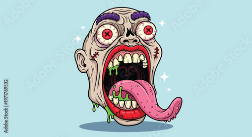 Horror Zombie Head with Drooling Tongue and Bloodshot Eyes.