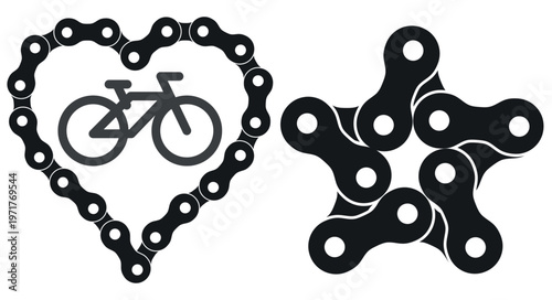 Bicycle chain heart with bike icon and star shape chain links element. Minimal vector illustration for cycling love, mechanical and transport concept.