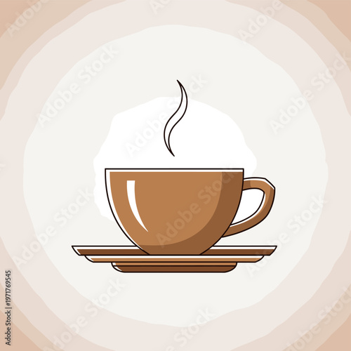A steaming cup of coffee sits on a saucer, with wisps of steam rising into the air.