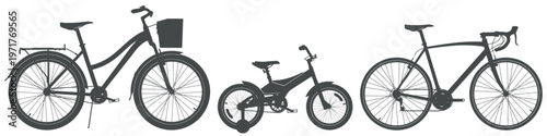 Detailed silhouettes of women city bike, kids bike with training wheels and road bike side view set