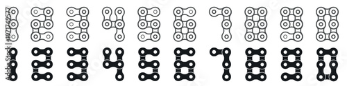 Numbers made of bicycle chain links, solid and outline mechanical font set, cycling numerals vector