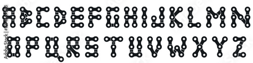 Alphabet made of bicycle chain links, mechanical font set, cycling typography vector