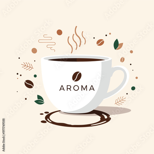 A minimalist illustration of a white coffee cup with steam and scattered coffee beans, leaves, and abstract aroma elements.