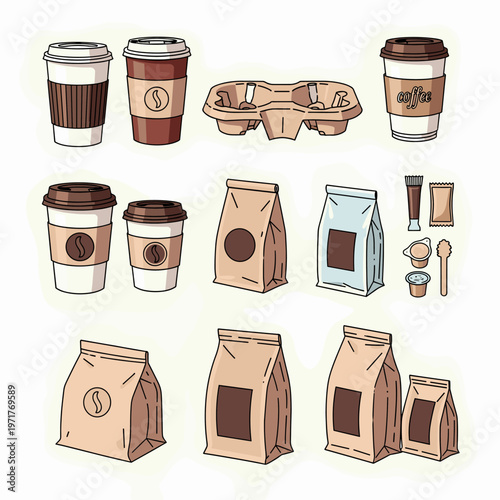 A comprehensive collection of coffee packaging and accessories, including various disposable cups with lids, cup carriers, coffee bean bags, and single-serve pods with condiments.