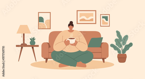 Young woman meditating on couch in cozy living room with soft lighting