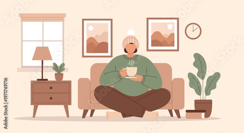 Senior man enjoying tea in cozy living room with warm natural light