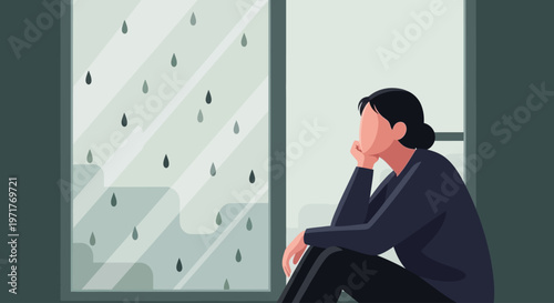 sad businessman sitting by rainy window, looking depressed