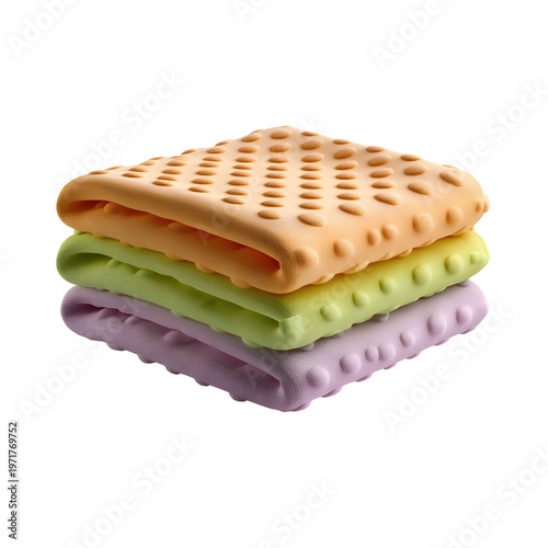 A stack of three pastel colored silicone mats each with a raised dot pattern isolated on a white background