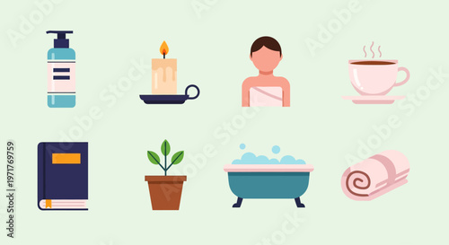 Flat vector icons representing elements of relaxation and self-care, including a spa bottle, candle, person, coffee cup, book, plant, bathtub, and towel. Ideal for wellness and lifestyle concepts.