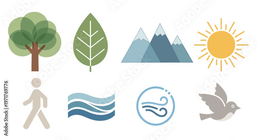 A collection of flat design icons representing elements of nature and outdoor activities. Includes a tree, leaf, mountains, sun, walking human symbol, water waves, wind symbol, and a bird. Ideal for e