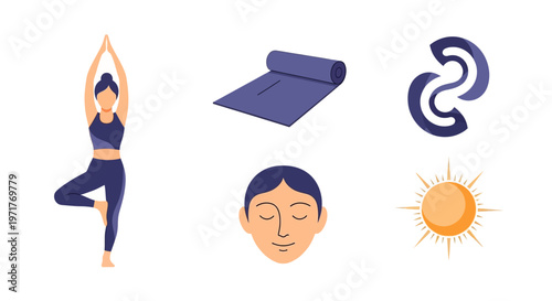 A collection of vector illustrations related to yoga and wellness, including a woman in tree pose, a rolled yoga mat, a serene face, a sun symbol, and abstract shapes. Ideal for fitness and lifestyle 
