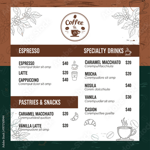 A visually appealing coffee menu featuring a variety of espresso drinks, specialty beverages, and pastries with prices listed.