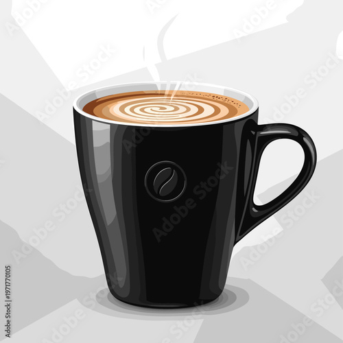 A steaming cup of latte with intricate foam art, presented in a sleek black mug with a coffee bean emblem.