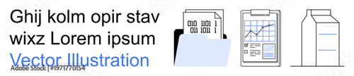 Data processing, analytics, document storage, business management, digital organization, barcode tracking. Binary code, chart folder and milk carton illustration. Data processing and analytics