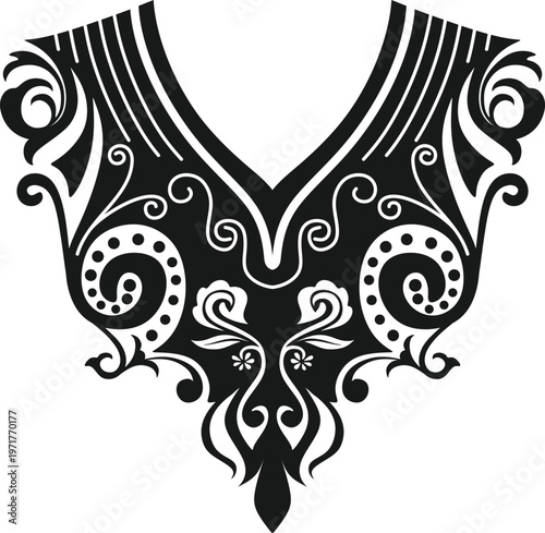 Elegant floral neckline embroidery design for fashion garment.