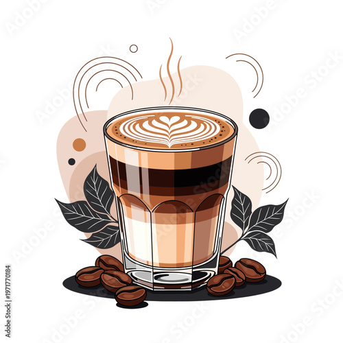 A layered coffee drink with latte art, surrounded by coffee beans and stylized leaves, presented in a clean, modern illustration style.