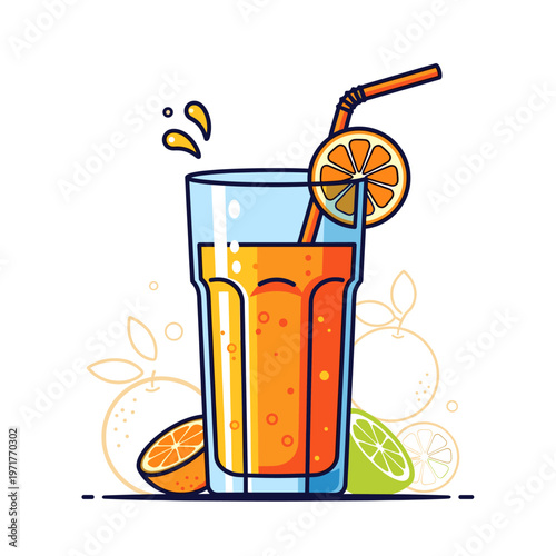 A tall glass of vibrant orange juice, garnished with a slice of orange and a straw, with fresh oranges and lime in the background.