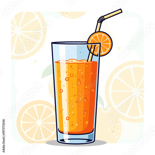A tall glass filled with vibrant orange juice, garnished with a slice of orange and a straw, set against a background of abstract orange slices.