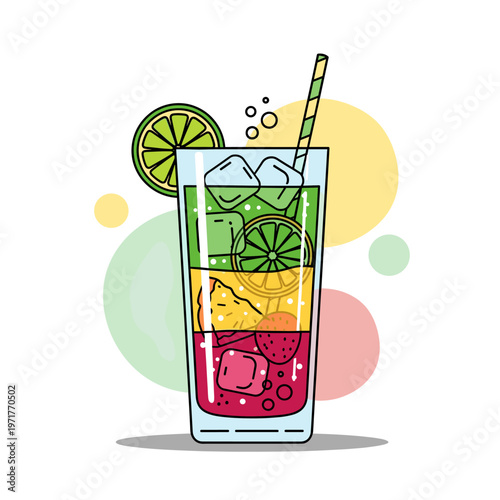 A tall, layered, colorful cocktail with ice, fruit slices, and a straw, set against a white background with soft, out-of-focus circles.