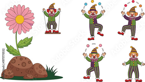 Pink flower with rocks and grass and circus clown characters juggling balls cartoon vector illustration set