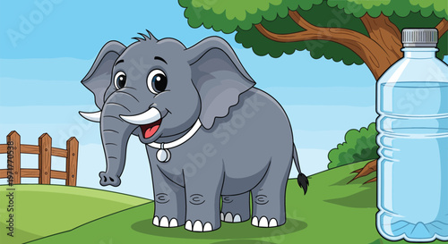 Cute cartoon elephant standing in nature landscape with plastic water bottle vector illustration set