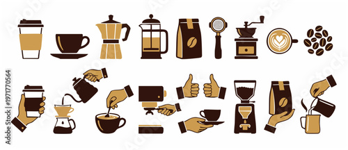 Coffee Preparation Icons Vector Illustration: Cup, Beans, Grinder, Bag. Various brewing methods and serving. Minimalist design for cafe menu, packaging, and advertising. Vector Graphic Set.