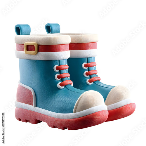 Pair of playful stylized 3D cartoon boots in teal and red with white accents and red laces isolated on white