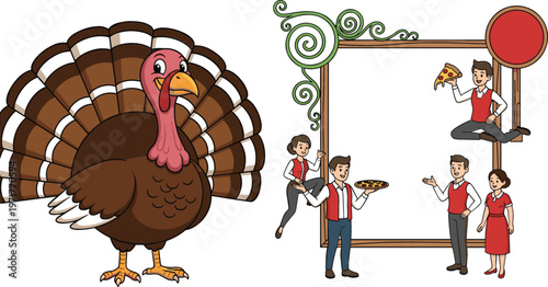 Cartoon turkey bird illustration and restaurant staff serving pizza with decorative frame vector set