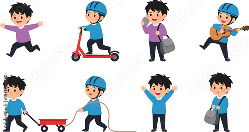 Cartoon boy characters performing different activities including scooter riding walking working and playing guitar vector illustration set
