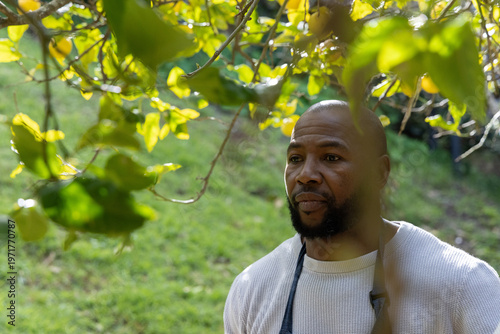African American man standing under fruit tree on grassy slope wearing dark strap, copy space