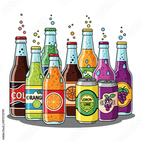 A vibrant collection of assorted soda bottles and cans, showcasing a variety of flavors and colors with bubbly effervescence.