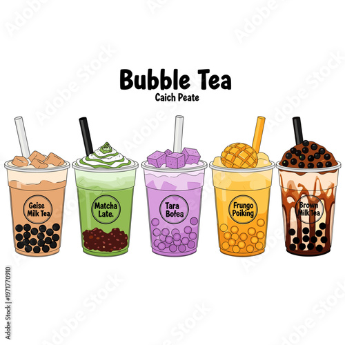 A vibrant illustration showcasing five distinct flavors of bubble tea, each with unique toppings and colors, presented in clear plastic cups with straws.