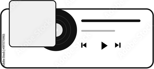 Modern digital audio player interface displaying playback controls and album art on a minimalist white background in a flat design style.