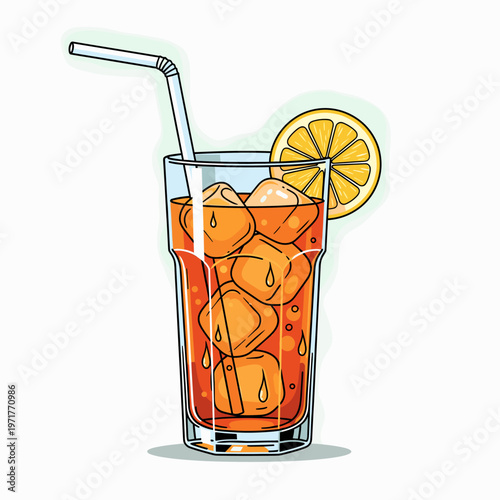 A tall glass filled with a refreshing iced tea beverage, complete with ice cubes, a lemon slice garnish, and a straw.