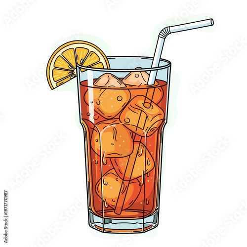 A tall glass filled with iced tea, garnished with a lemon slice and a straw, perfect for a refreshing beverage.