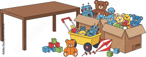 Wooden table with toy box full of teddy bears robots and blocks kids playroom vector illustration set