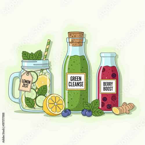 A refreshing assortment of healthy beverages including a lemon zest infused water, a vibrant green cleanse juice, and a rich berry boost drink, garnished with fresh fruits and herbs.