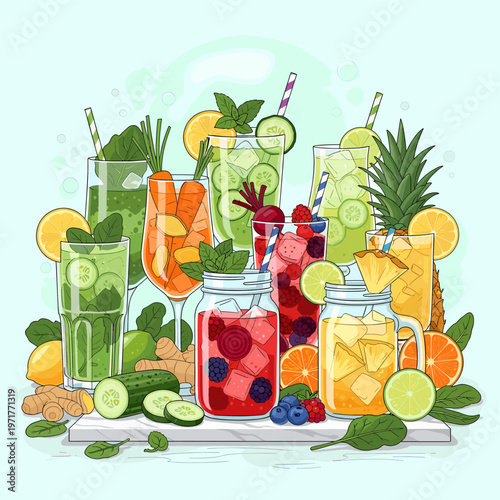 A vibrant assortment of refreshing summer drinks, including infused waters, juices, and cocktails, garnished with fresh fruits, herbs, and ice.