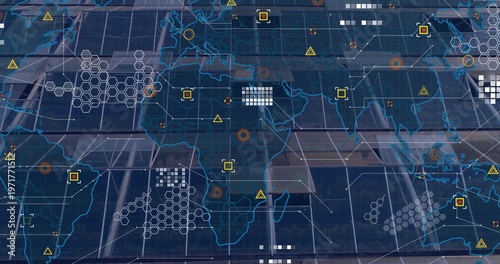 Displaying global map overlay on console, showing hex grid, warning triangles, glass reflection