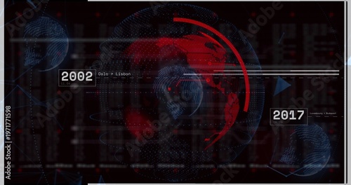 Rotating central wireframe globe projecting rings with 2002,2017 tags on HUD, showing Oslo-Lisbon