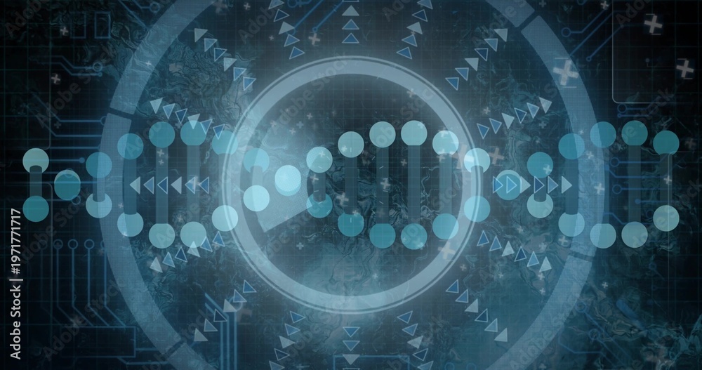 Obraz premium Displaying DNA helix with concentric HUD rings and circuit traces on virtual research dashboard