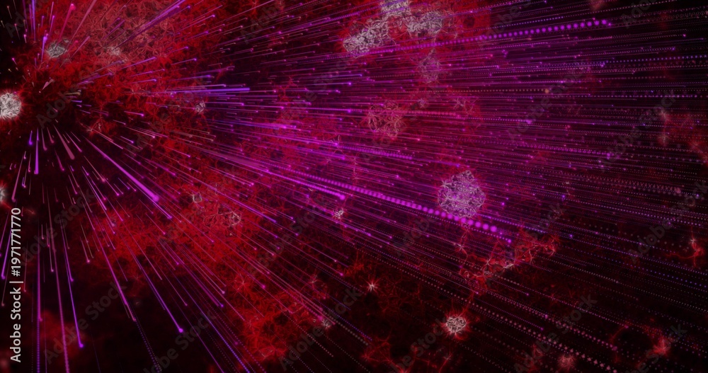Fototapeta premium Emitting bright node sending radial magenta and purple particle trails across nebula, copy space
