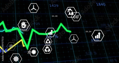 Tracking neon green chart and thin yellow line moving across dark grid dashboard with hex icons