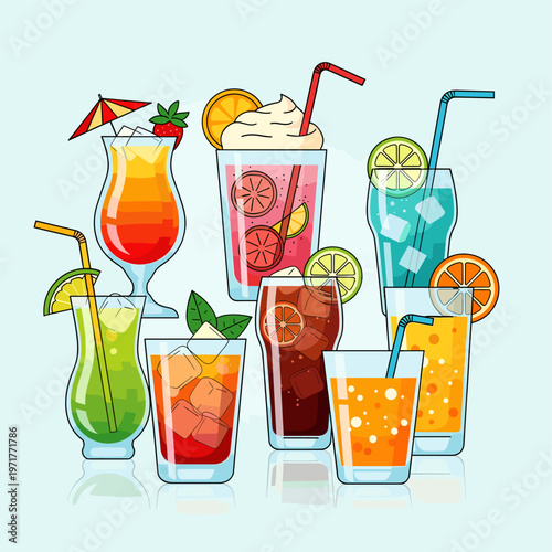 A vibrant collection of colorful tropical cocktails and refreshing beverages, garnished with fruits and umbrellas, perfect for a summer party.