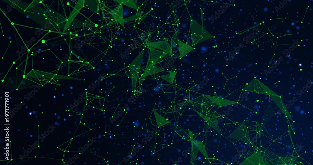 Fototapeta premium Floating neon green node-and-line mesh forming triangular faces in deep-space field with blue dots