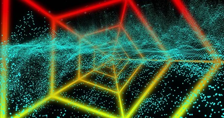 Fotobehang Tunnel Neon wireframe tunnel met turquoise deeltjes  © vectorfusionart