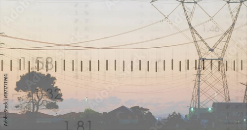 Framing steel lattice pylon at suburb dusk, with power lines, houses, trees, overlay, copy space