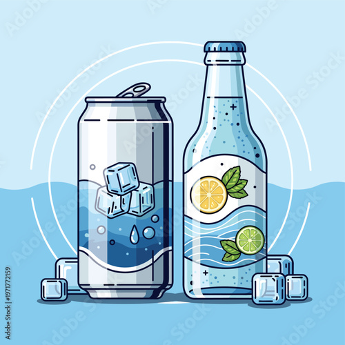 An illustration of a refreshing can and bottle of sparkling water with ice cubes and citrus slices, set against a blue background.