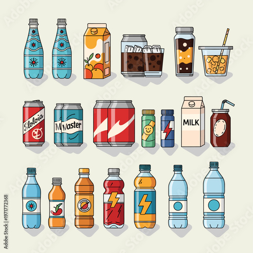 A vibrant collection of various beverages including sodas, juices, energy drinks, and milk cartons, presented in a clean, illustrative style.